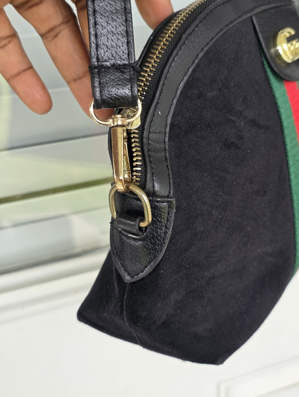 Gucci Black Suede Crossbody Bag Women Green-Red Stripe Detach Strap 7x11 - Picture 7 of 16